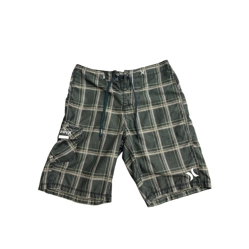 Hurley Mens Plaid Board Shorts Green White Swim Trunks Cargo‎ Pocket MB04PI 34